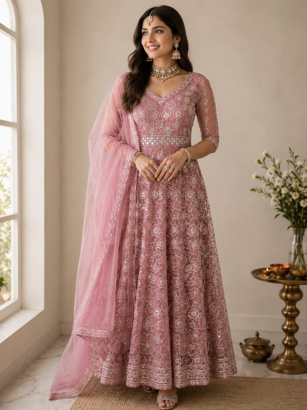 Blush Pink Embroidered Anarkali Dress Floral Sequin Work | Party wear